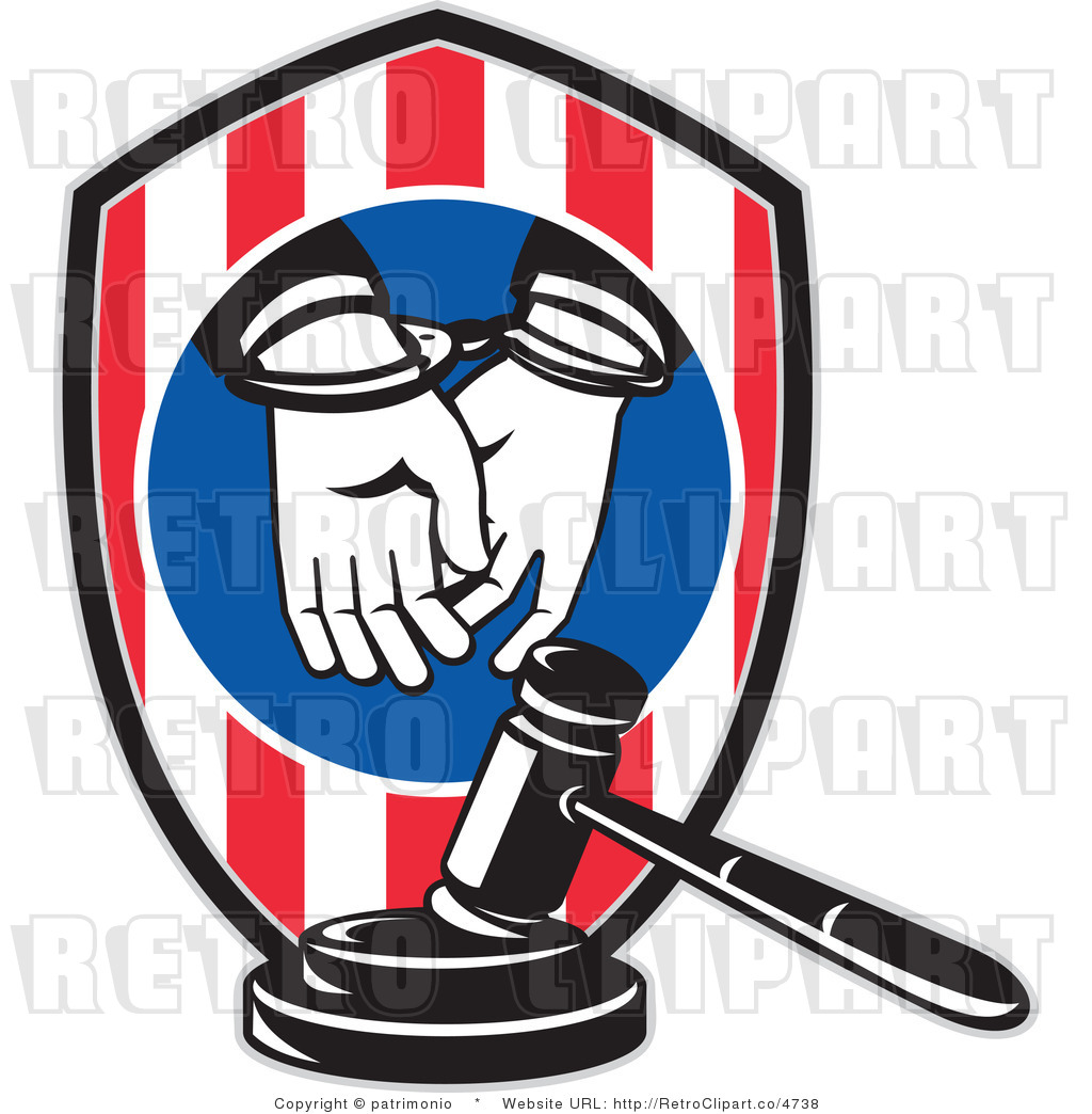 Royalty Free Retro Handcuffed Convict Shield And Judge Gavel Over    