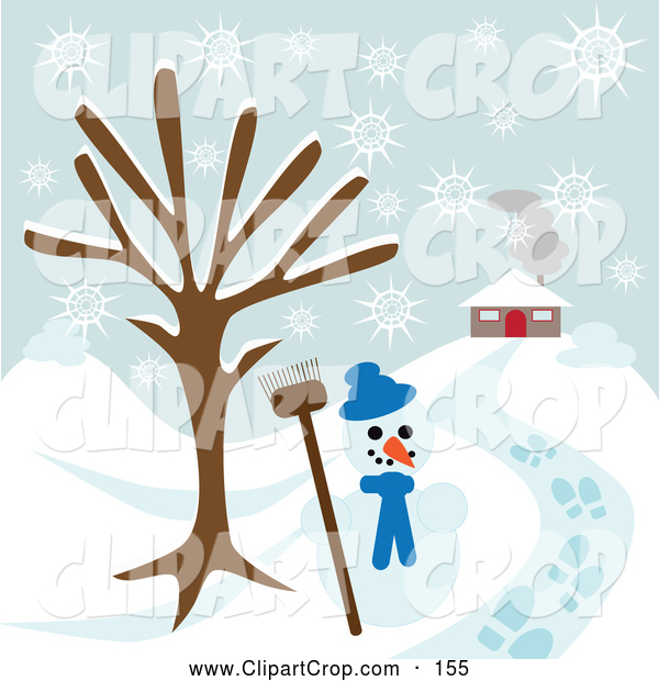Clip Art Vector Of A Snowman Underneath A Bare Tree Near A Home On A