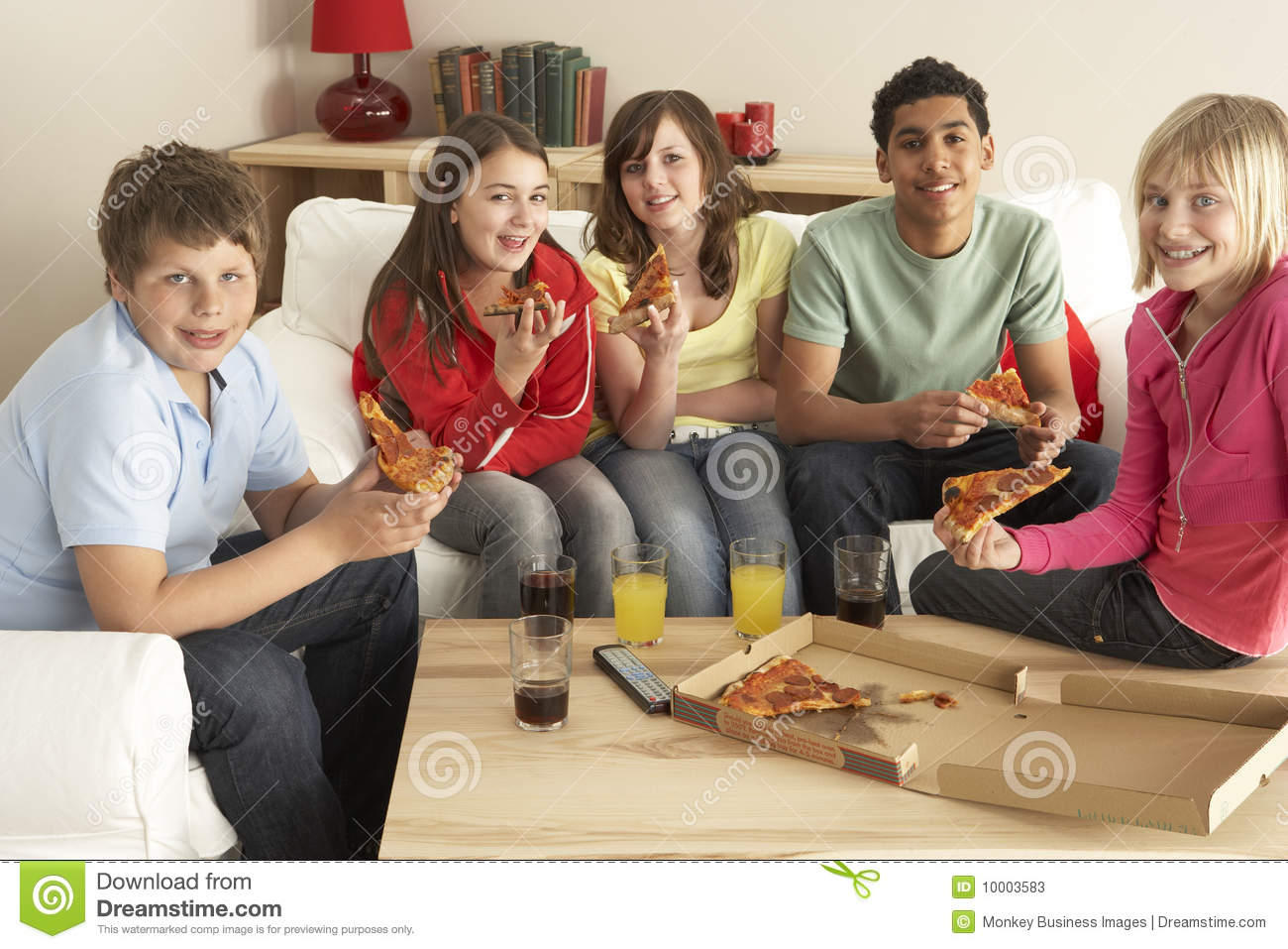 Group Of Children Eating Pizza At Home Stock Photos   Image  10003583