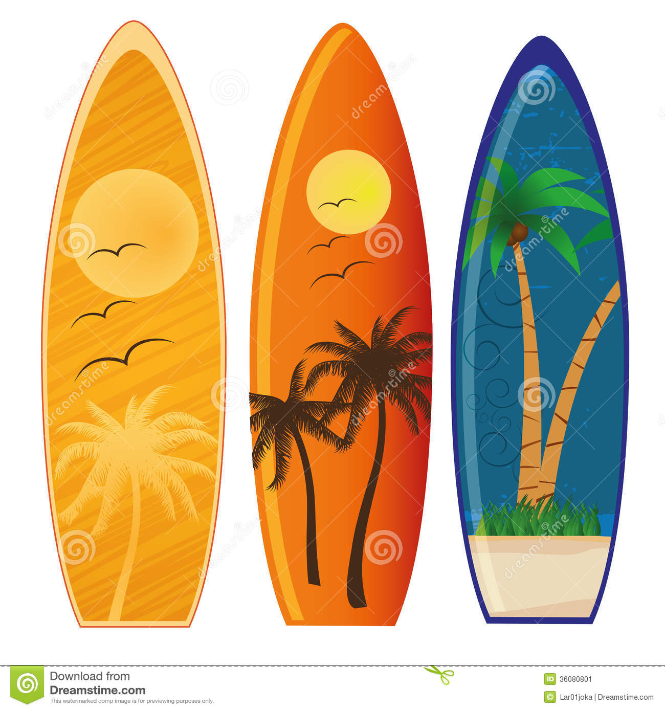 Three Colored Surfboards With Different Styles And Colors