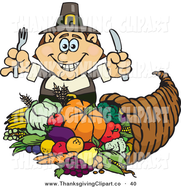 Vector Of A Grinning Thanksgiving Pilgrim Man With Silverware Clipart