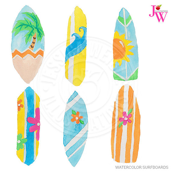 Watercolor Surfboards Clipart Digital Watercolor Clip Art Surf Board