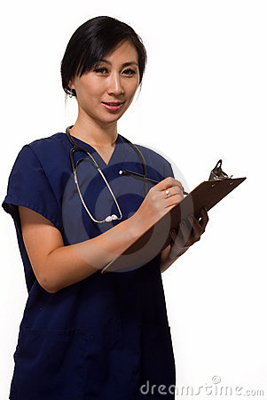 Young Brunette Asian Woman Health Care Worker Wearing Blue Scrubs