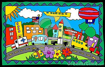 Child S Drawing  Busy Town Royalty Free Stock Photos   Image  26472848