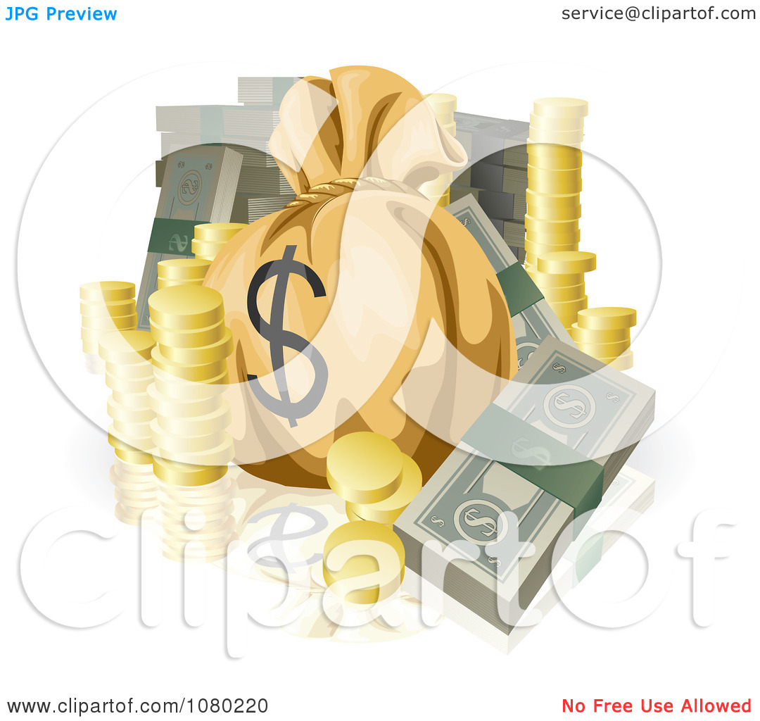 Clipart Bundled Cash Stacked Coins And A Money Sack   Royalty Free