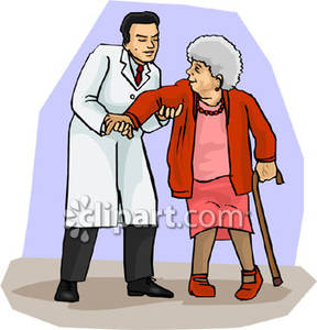 Doctor Helping An Old Woman With A Cane   Royalty Free Clipart Picture