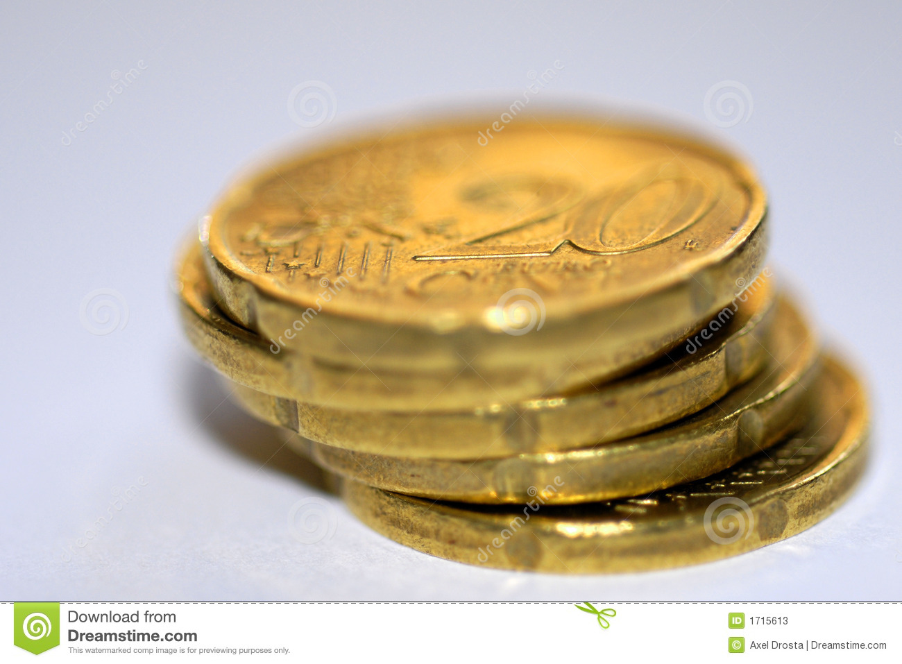 Macro Of Five 20 Cent Gold Coins Stacked One On Top Of The Other