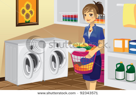     Of A Housewife Doing Laundry In The Laundry Room   Stock Vector
