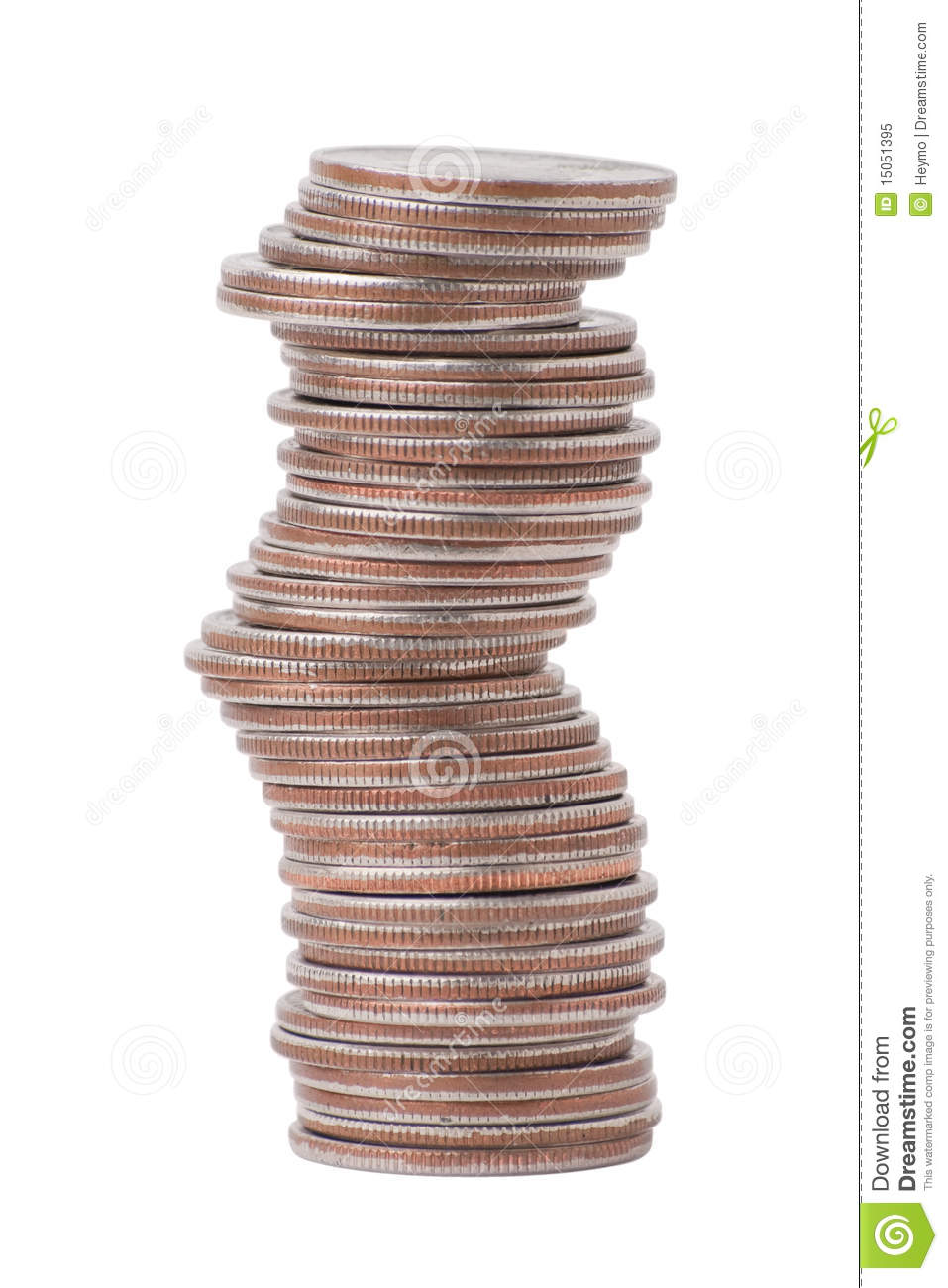 Stack Of Us Currency Coins All Quarters  Isolated On White Background