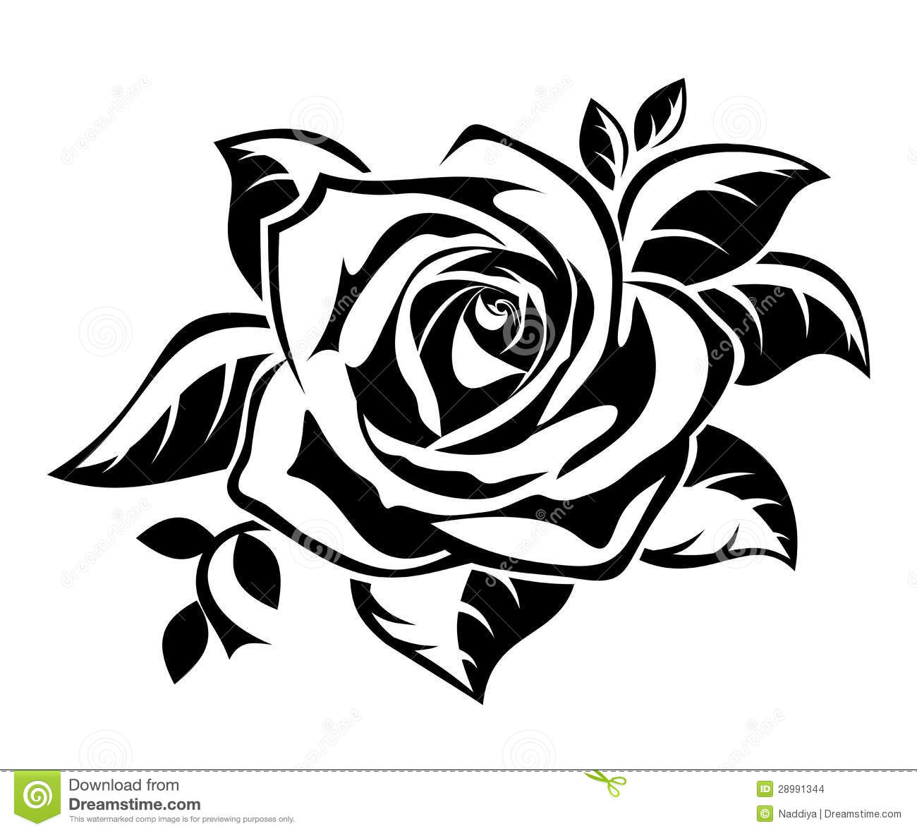 Vector Illustration Of Black Silhouette Of Rose With Leaves On A White