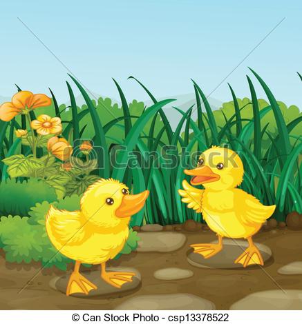 Vector   Two Little Ducks In The Garden   Stock Illustration Royalty