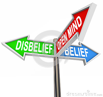 Belief Vs Disbelief Open Mind Faith Three Way Street Road Signs Stock