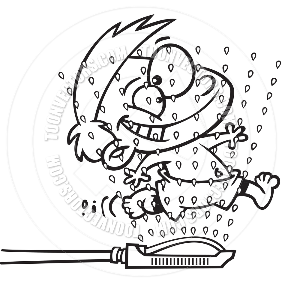 Cartoon Boy Sprinkler  Black And White Line Art  By Ron Leishman