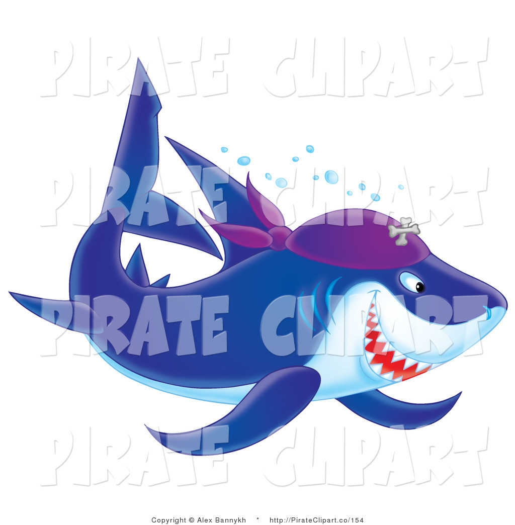 Clip Art Of A Blue And White Pirate Shark Wearing A Purple Bandana