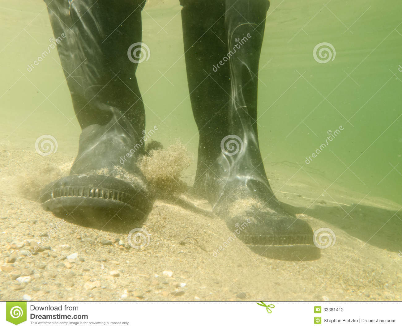 Closeup Underwater View Of Rubber Boots Gumboots Or Waders Of A Person    