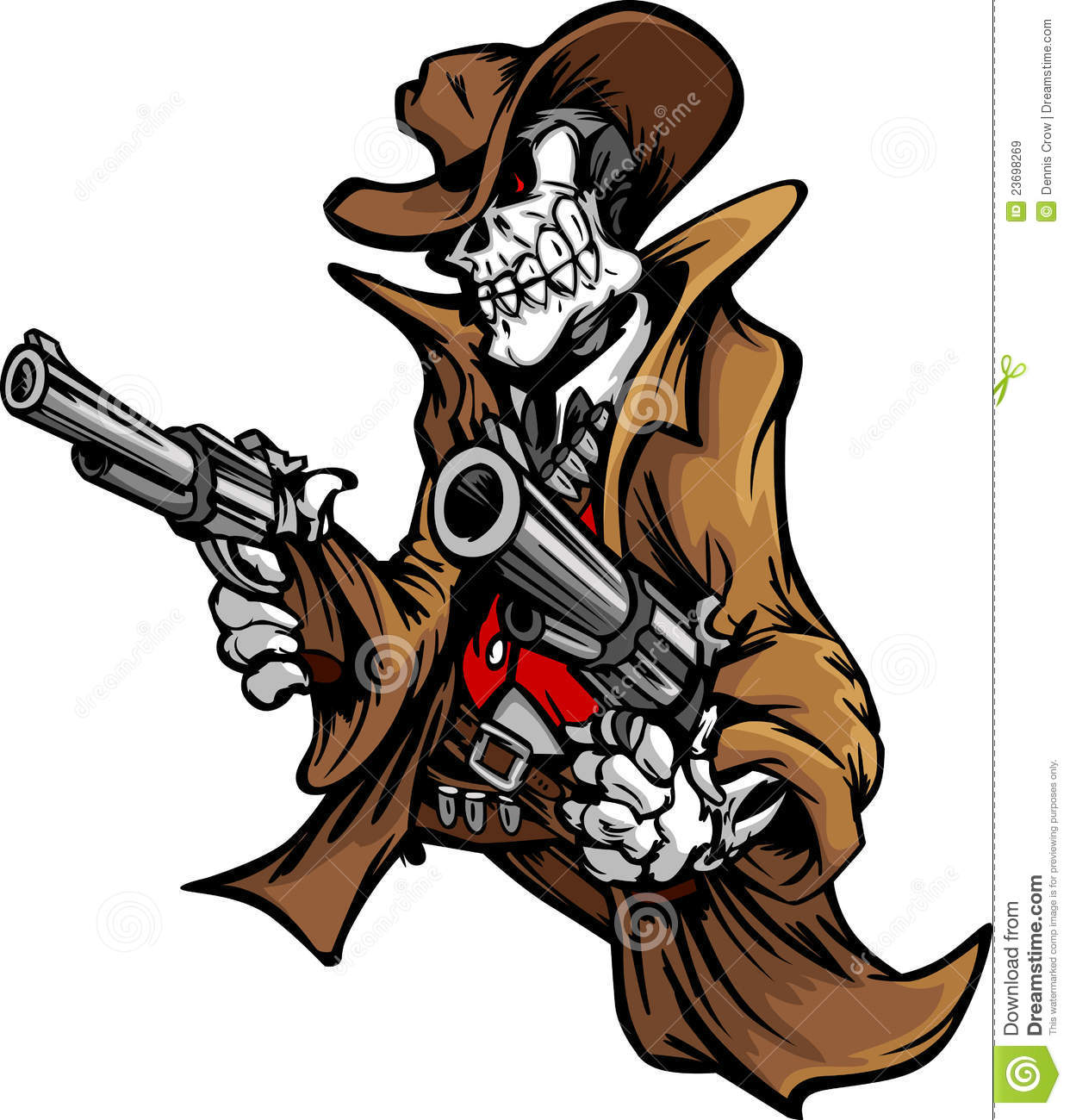 Graphic Image Of A Skeleton Cowboy Skull And Body Shooting Pistols    