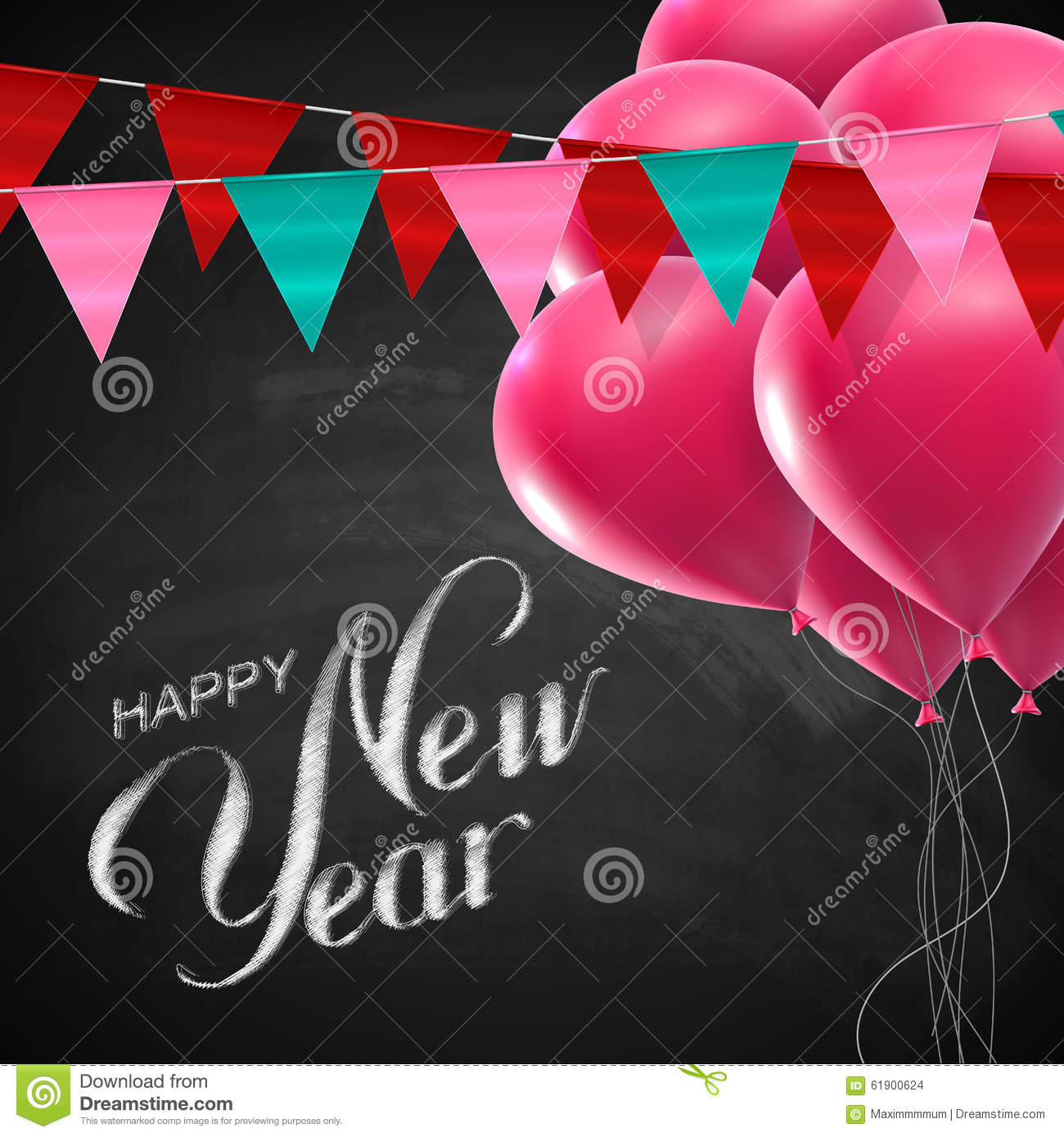 Happy New Year Lettering Chalk Composition With Flying Balloons And    