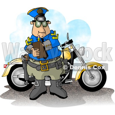 Motorcycle Policeman Filling Out A Traffic Citation Ticket Form    