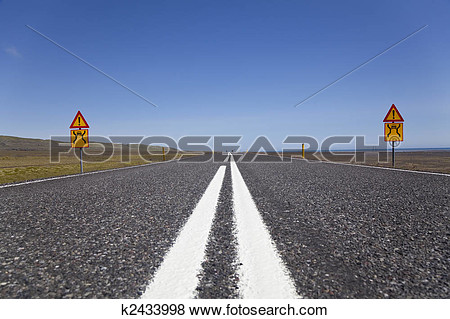 Picture   Wide Open Road With Warning Signs  Fotosearch   Search Stock    