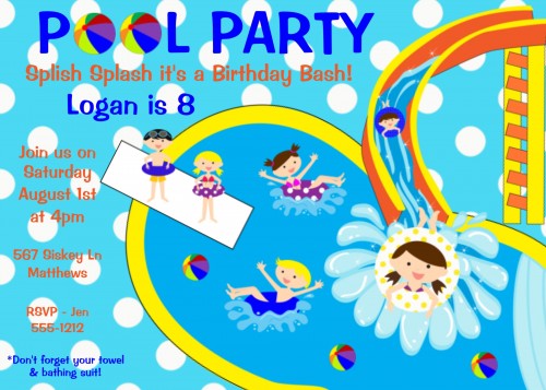 Pool Party Waterslide Digital Printable Birthday Party Invitation
