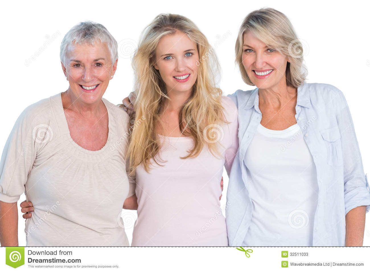 Three Generations Of Happy Women Smiling At Camera On White Background