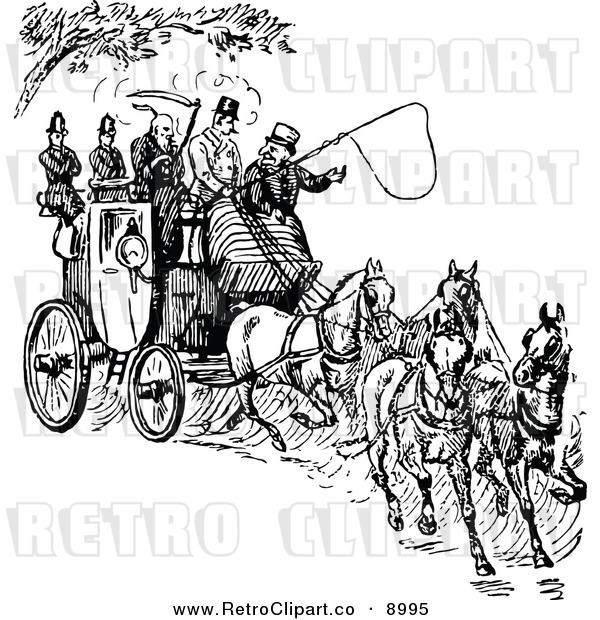 Vector Clipart Of A Retro Black And White Horse Drawn Carriage And    