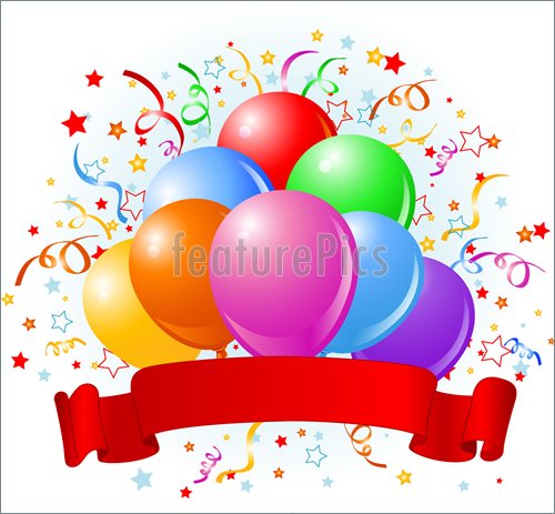 Birthday Design With Balloons Confetti   Copy Space Ribbon