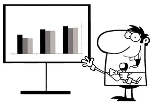     Business Man Giving Presentation With Chart Or Graph   Black And White