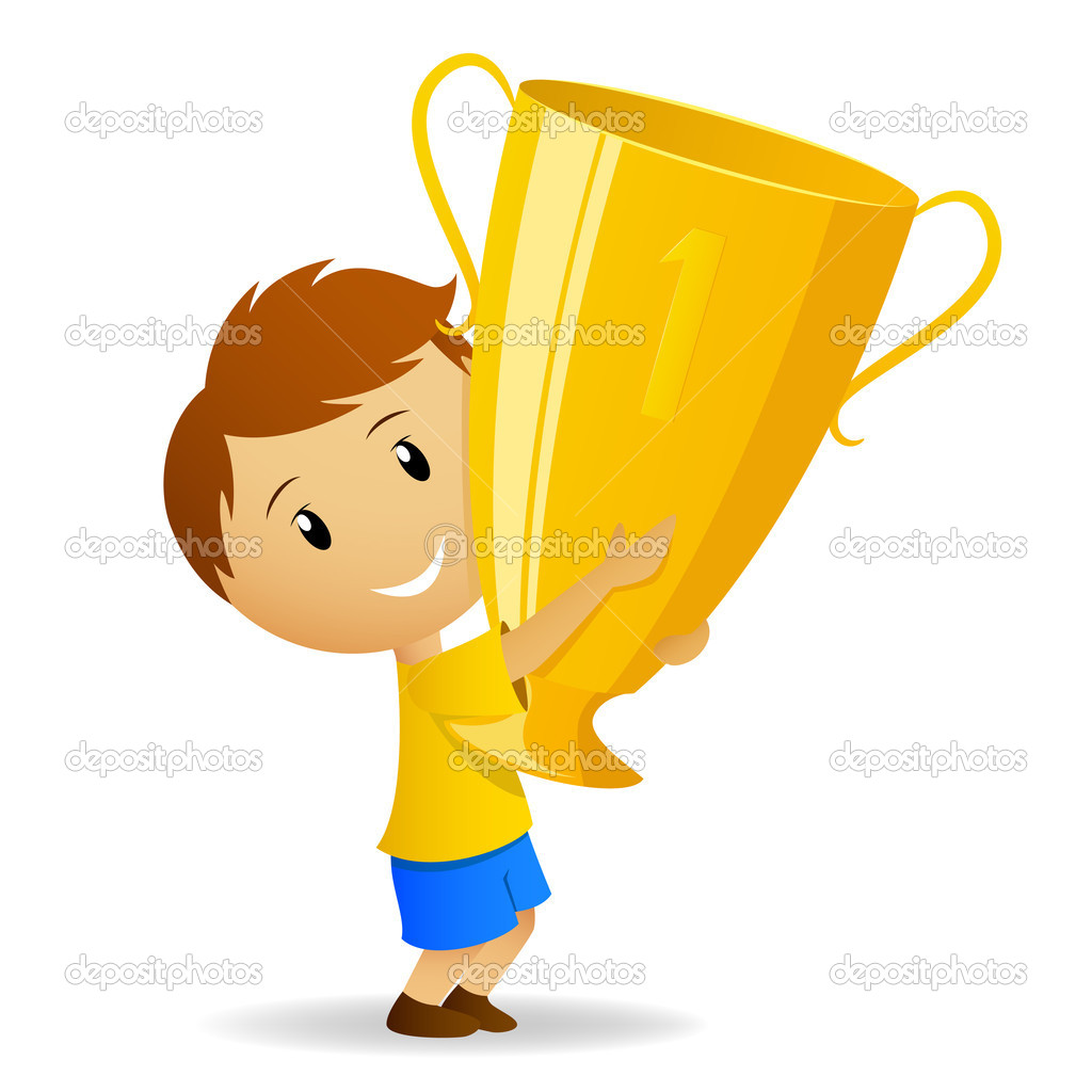 Cartoon Young Winner With Golden Trophy Cup   Stock Vector    