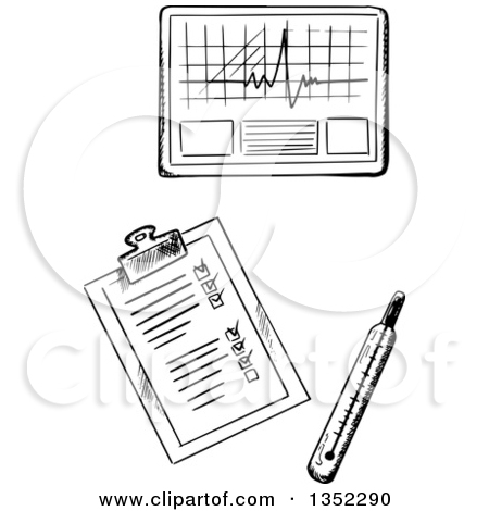 Clipart Of A Black And White Sketched Thermometer Medical Chart And    
