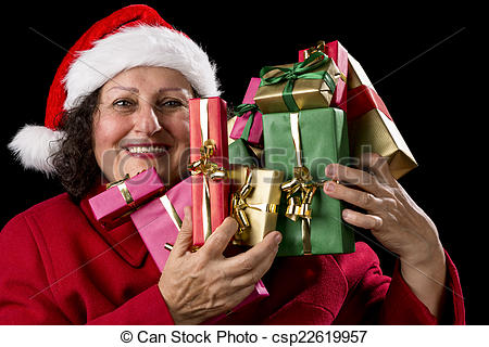 Female Pensioner Is Holding Ten Unicolored Wrapped Christmas Presents