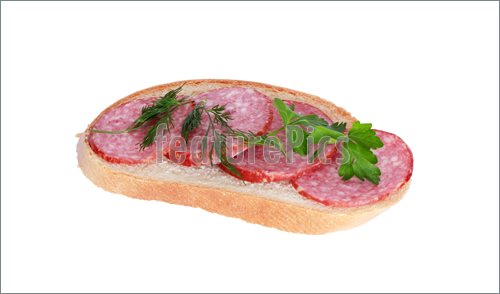 Picture Of Sandwich Made From White Bread And Sausage  Isolated On