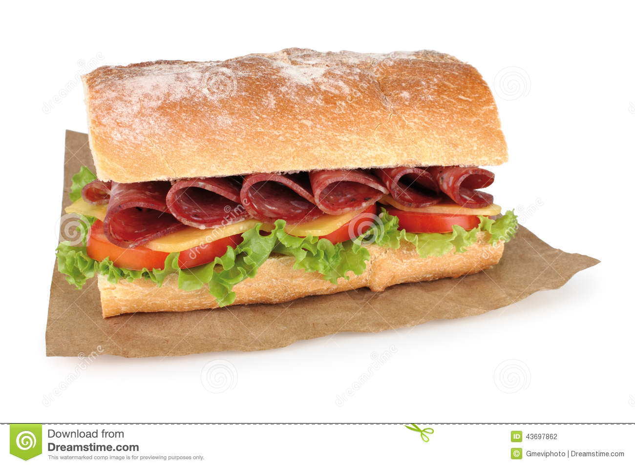 Salami Sandwich With Vegetables On White Background