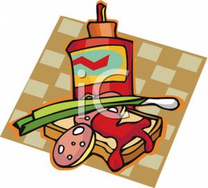 Sandwich With Ketchup Onion And Salami   Royalty Free Clipart Picture