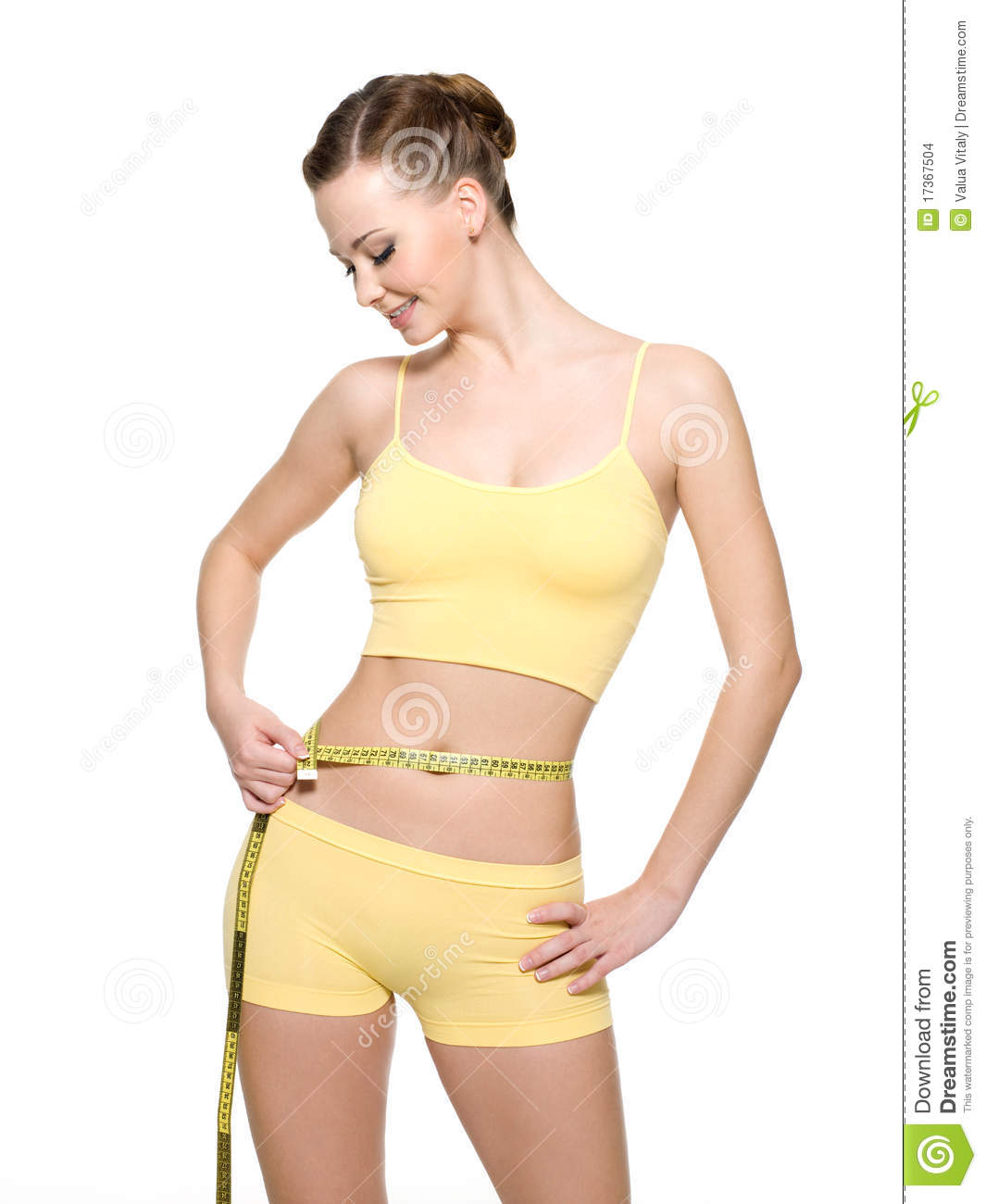 Smiling Woman Measuring Waist With Measurement Type Isolated On White