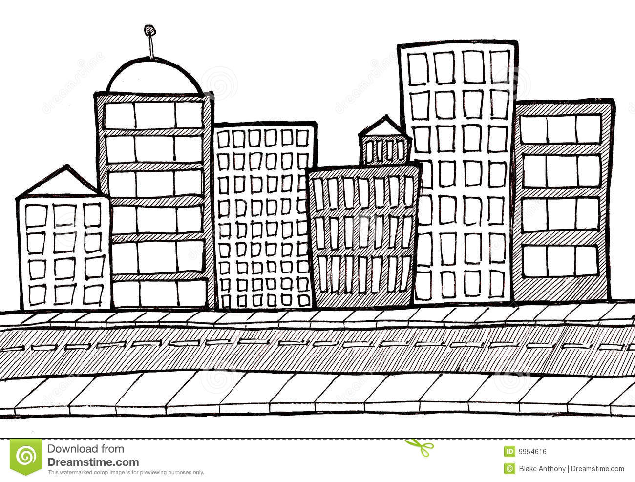 And White Illustration Of A Cityscape With A Sidewalk And Street