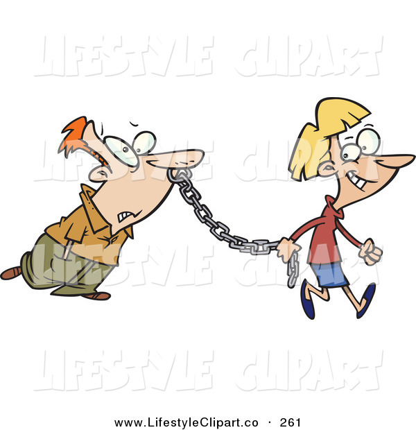 Clip Art Of A Grinning Caucasian Woman Leading A Man On A Metal Chain    