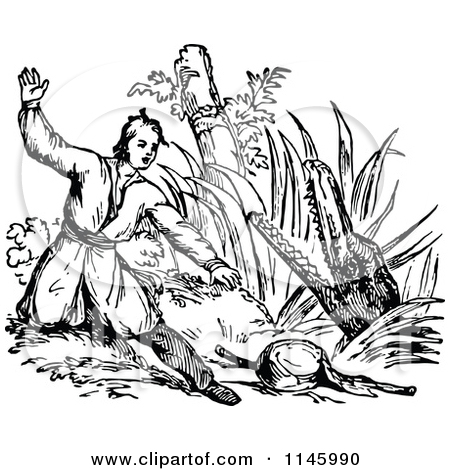 Clipart Of A Retro Vintage Black And White Man Fighting A Crocodile