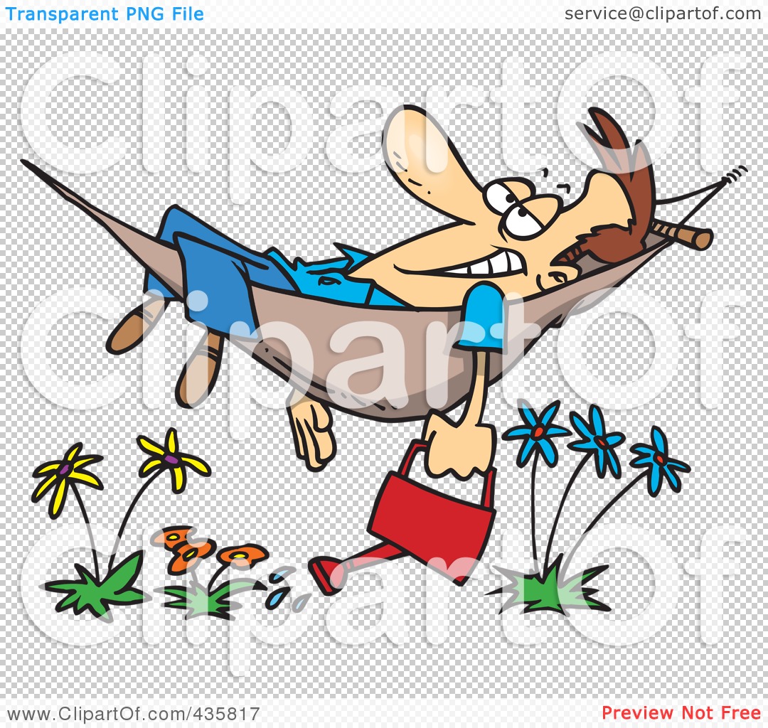 Of A Cartoon Happy Man Relaxing In A Hammock And Watering His Flowers