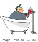 42384 Clip Art Graphic Of A Plumber Fixing Pipes On A Claw Foot Tub