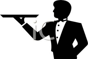 Clipart Image Of Black And White Waiter Holding Out A Serving Tray 