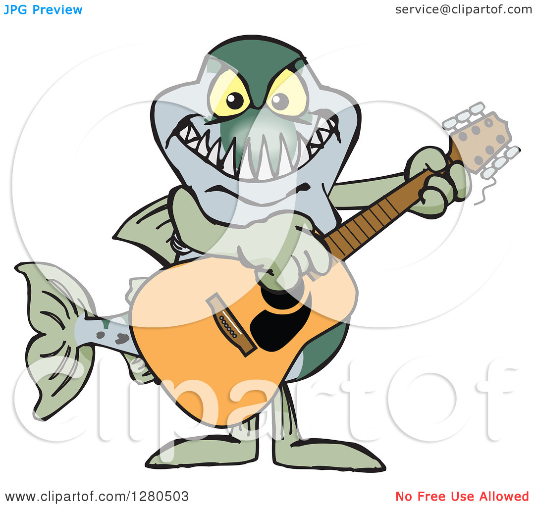 Clipart Of A Barracuda Fish Musician Playing A Guitar   Royalty Free