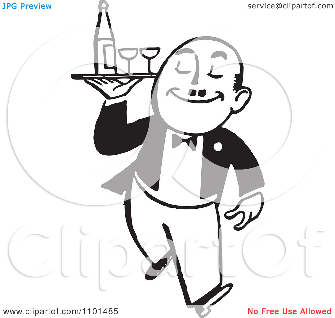 Clipart Retro Black And White Waiter Carrying Wine And Glasses On A