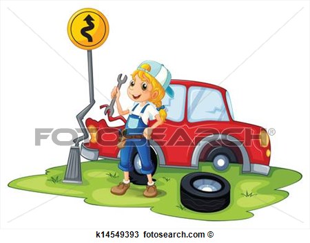 Illustration Of A Female Mechanic Fixing The Red Broken Car On A White