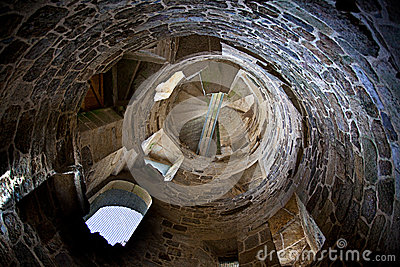 Inside Of An Old Medieval Castle Tower With Broken Stairs 