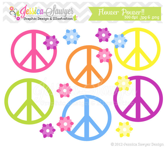 Instant Download Flower Power Clip Art   Peace Sign Clipart   Hippie    