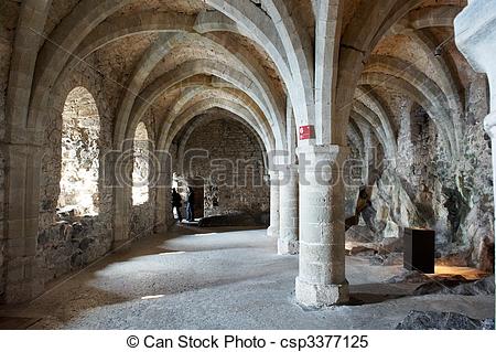 Medieval Arched Stone Windows And Vaulted Ceilings In A Stone Castle    
