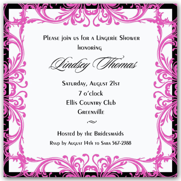 Pink And Black Swirl Border Lingerie Shower Invitations   Paperstyle