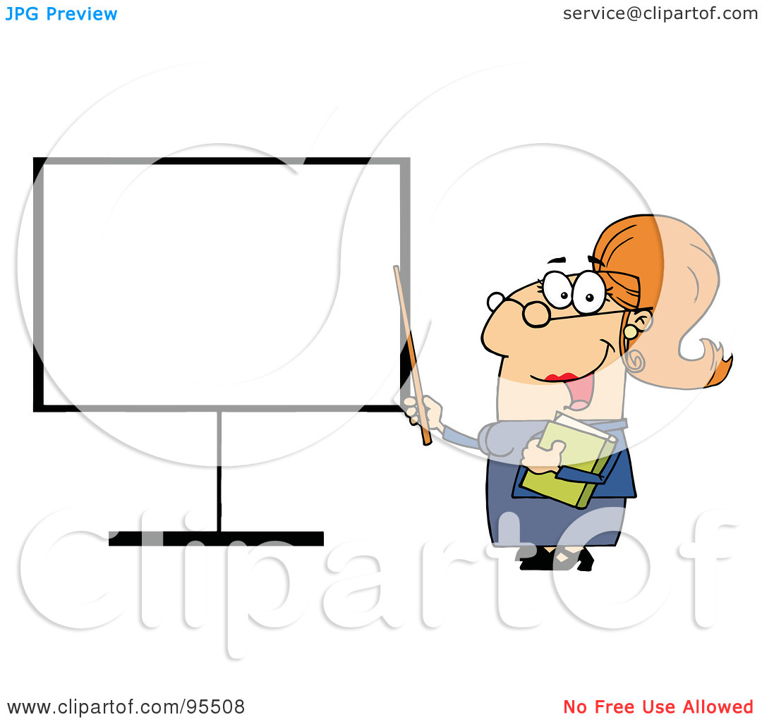 Rf  Clipart Illustration Of A Happy Female Teacher Pointing To A Blank