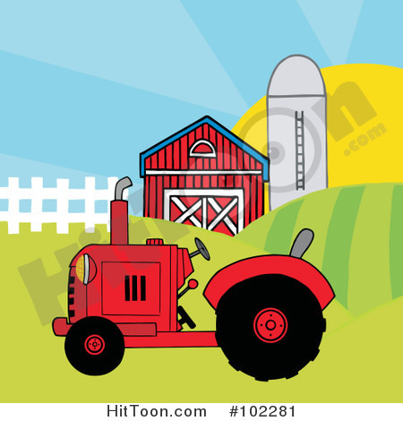 Tractor Clipart  102281  Red Farm Tractor In A Pasture Near A Barn And
